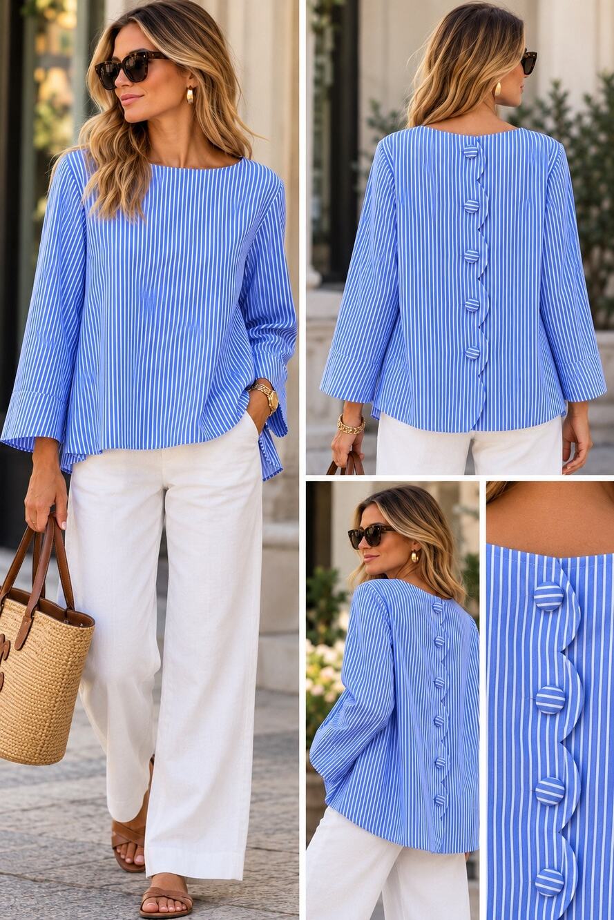 Sara Campbell Striped Long Sleeve Back Button Blouse Top Blue White Womens XL